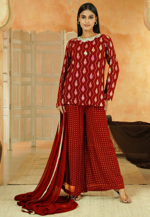 Embroidered Georgette Pakistani Suit in Red