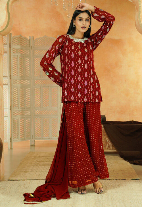 Embroidered Georgette Pakistani Suit in Red