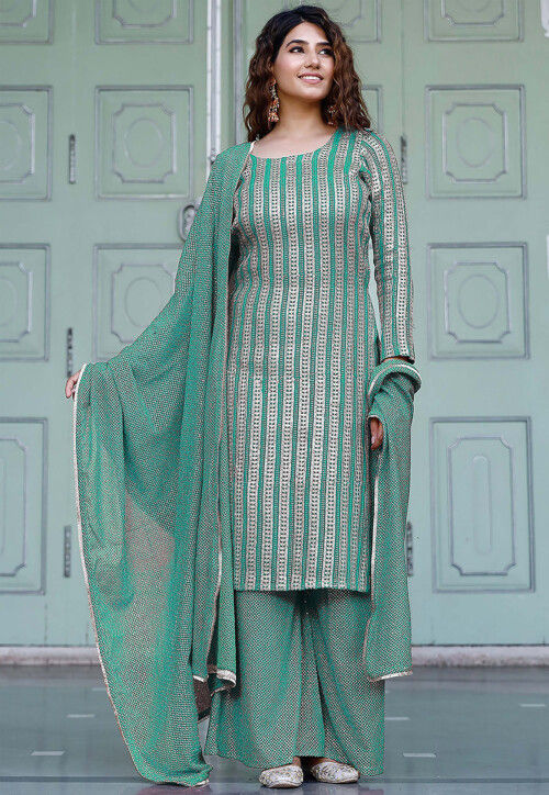 Embroidered Georgette Pakistani Suit in Sea Green
