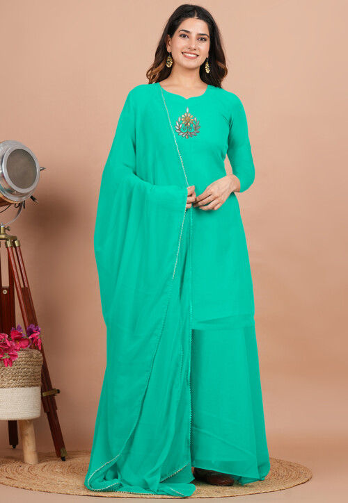 Embroidered Georgette Pakistani Suit in Sea Green