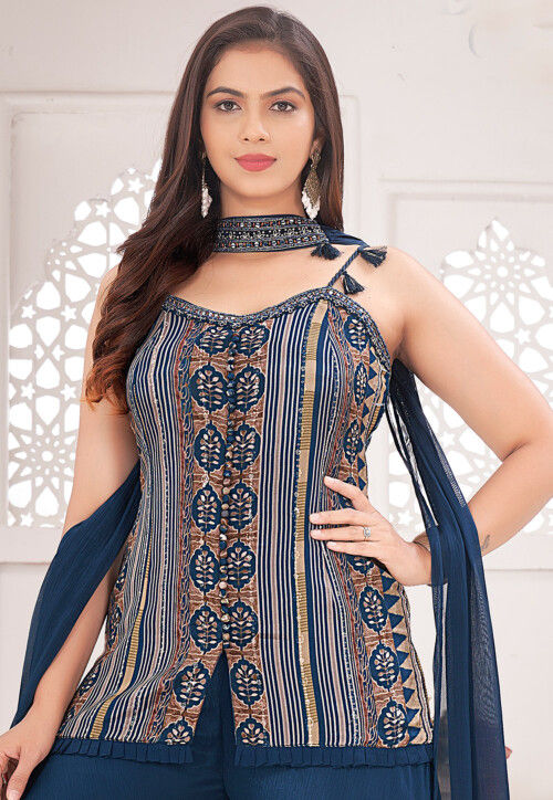 Embroidered Georgette Pakistani Suit in Teal Blue