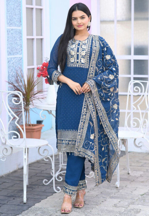 Embroidered Georgette Pakistani Suit in Teal Blue
