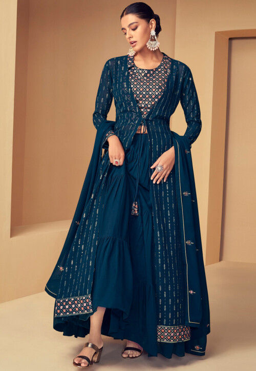 Embroidered Georgette Pakistani Suit in Teal Blue