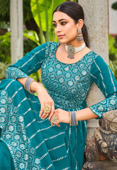 Embroidered Georgette Pakistani Suit In Teal Blue Kch11999 