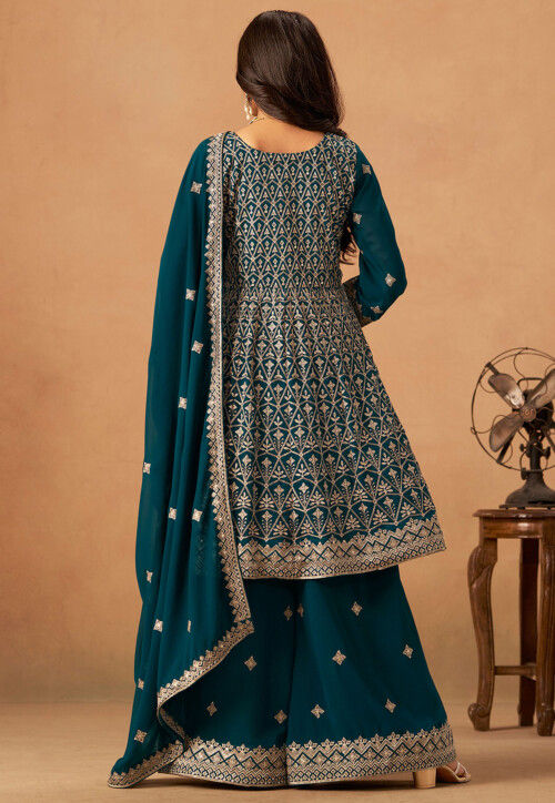 Embroidered Georgette Pakistani Suit in Teal Blue