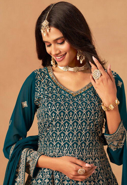 Embroidered Georgette Pakistani Suit in Teal Blue