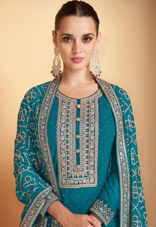 Embroidered Georgette Pakistani Suit in Teal Blue : KCH9786