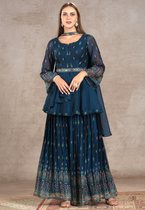 Embroidered Georgette Pakistani Suit in Teal Blue