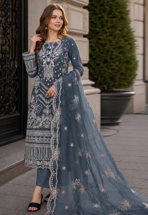 Buy Embroidered Georgette Pakistani Suit in Teal Blue Online : KQT1283