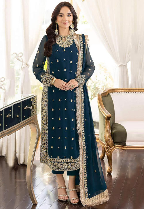 Embroidered Georgette Pakistani Suit in Teal Blue