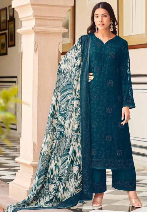 Buy Embroidered Georgette Pakistani Suit in Teal Blue Online : KVG354 ...