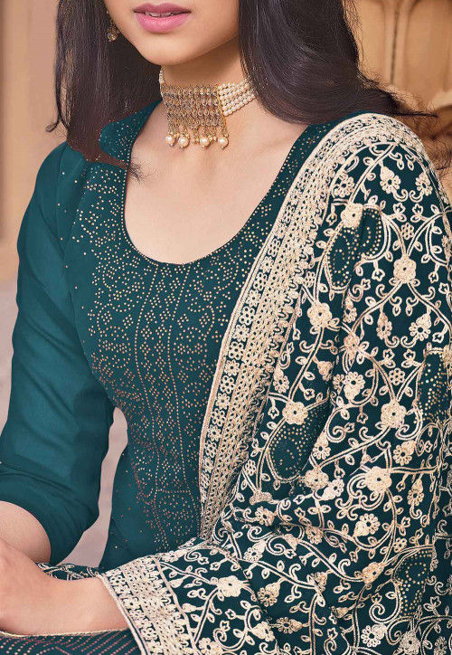 Embroidered Georgette Pakistani Suit in Teal Green : KCH8058