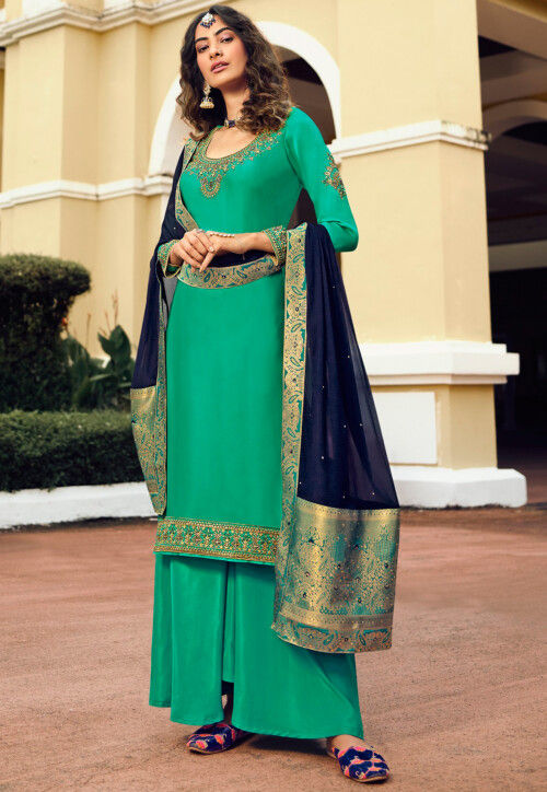Embroidered Georgette Pakistani Suit in Teal Green : KCH8515