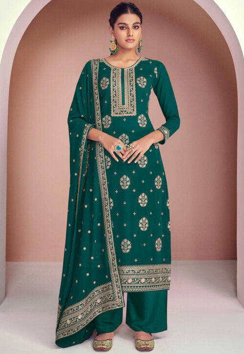 Embroidered Georgette Pakistani Suit in Teal Green