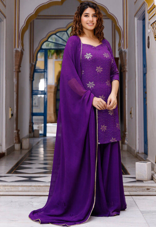 Embroidered Georgette Pakistani Suit in Violet