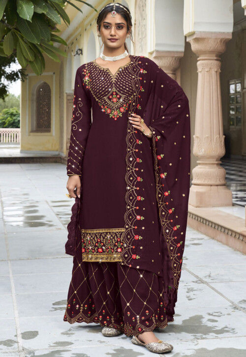 Embroidered Georgette Pakistani Suit in Wine : KCH11806