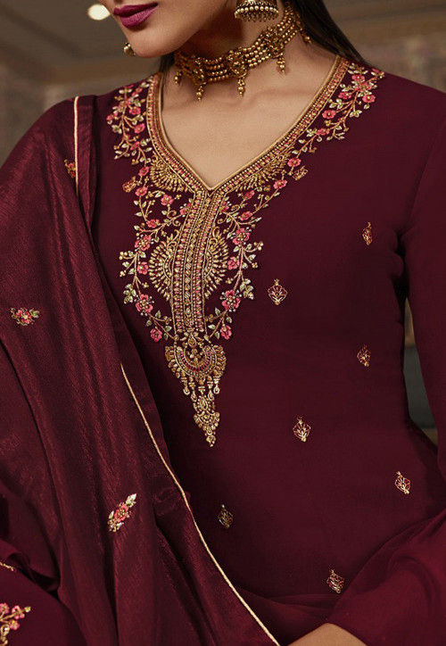 Embroidered Georgette Pakistani Suit in Wine : KCH6530