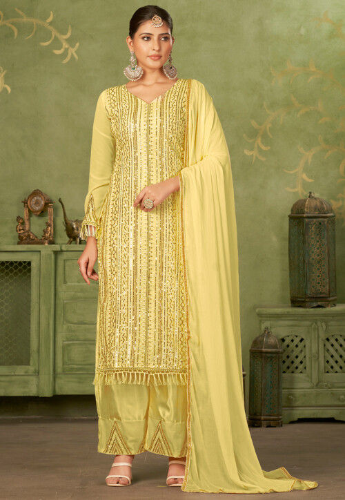 Embroidered Georgette Pakistani Suit in Yellow