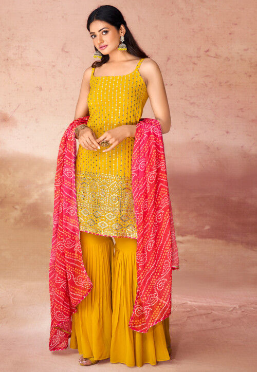 Embroidered Georgette Pakistani Suit in Yellow