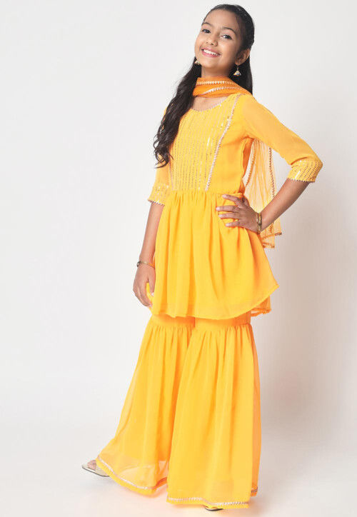 Embroidered Georgette Pakistani Suit in Yellow