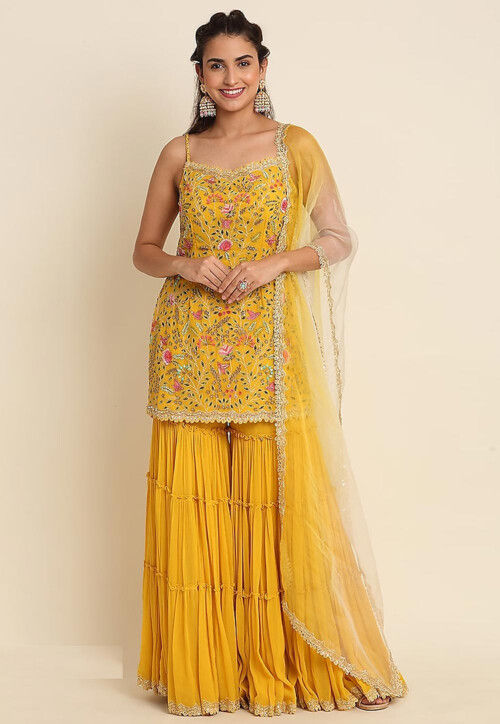 Embroidered Georgette Pakistani Suit in Yellow