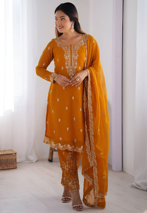 Embroidered Georgette Pakistani Suit in Mustard