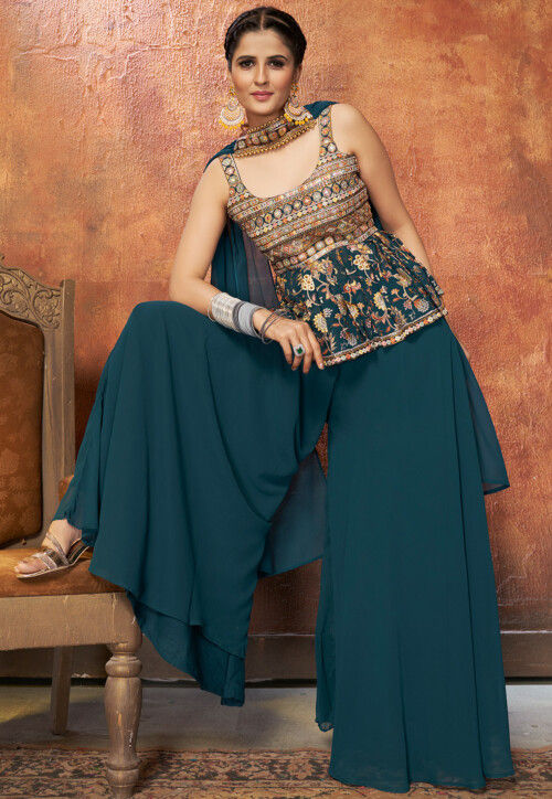 Embroidered Georgette Peplum Style Pakistani Suit in Teal Blue : KCH8821