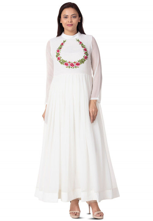 Embroidered Georgette Pleated Gown in White
