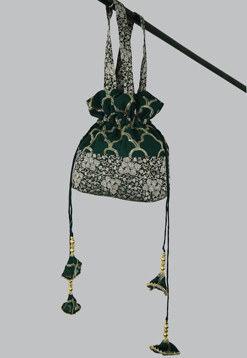 Embroidered Georgette Potli Bag in Dark Green