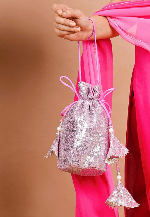 Embroidered Georgette Potli Bag in Pink