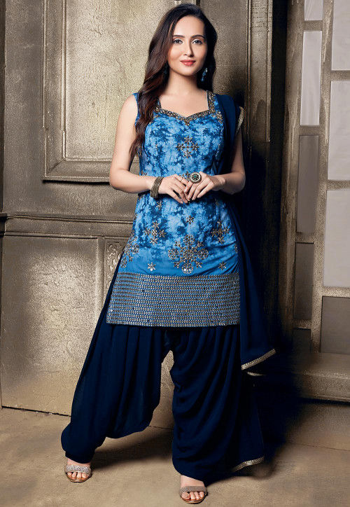 Embroidered Art Silk Punjabi Suit in Navy Blue : KUF15826