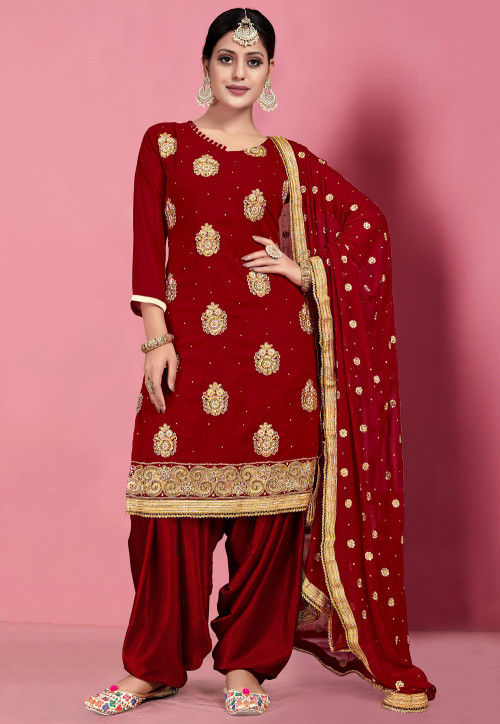 Embroidered Georgette Punjabi Suit in Maroon