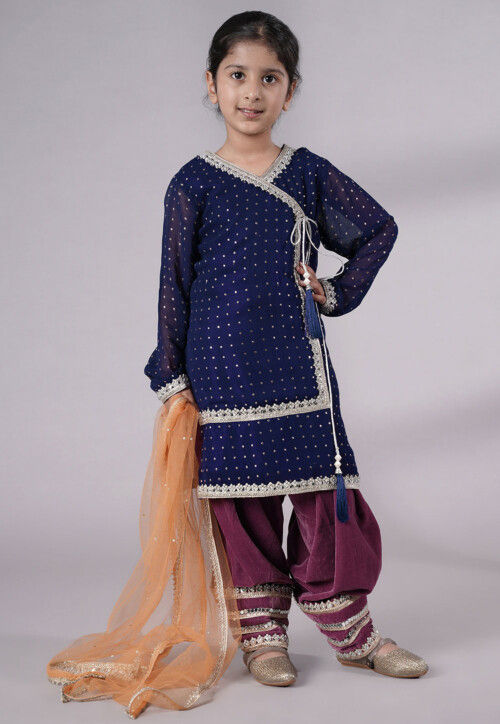 Embroidered Georgette Punjabi Suit in Navy Blue