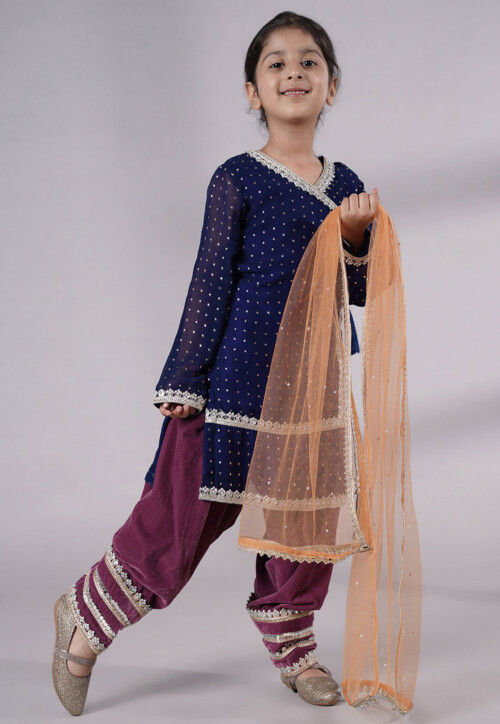 Embroidered Georgette Punjabi Suit in Navy Blue