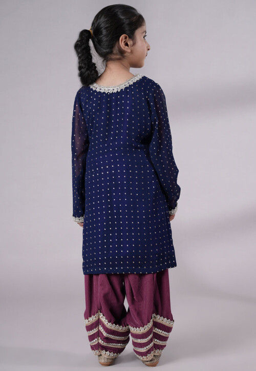 Embroidered Georgette Punjabi Suit in Navy Blue