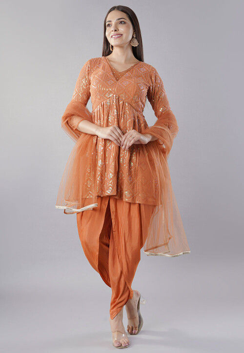 Buy Embroidered Georgette Punjabi Suit in Orange Online KUR195 - Main Image