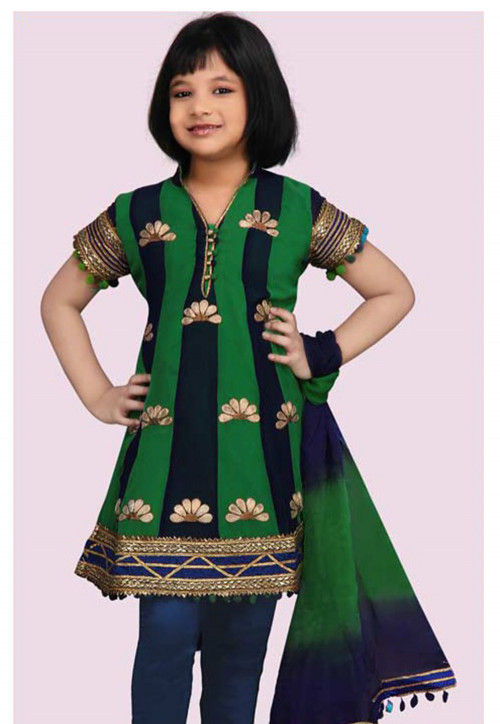 Embroidered Georgette Salwar Set in Green and Navy Blue