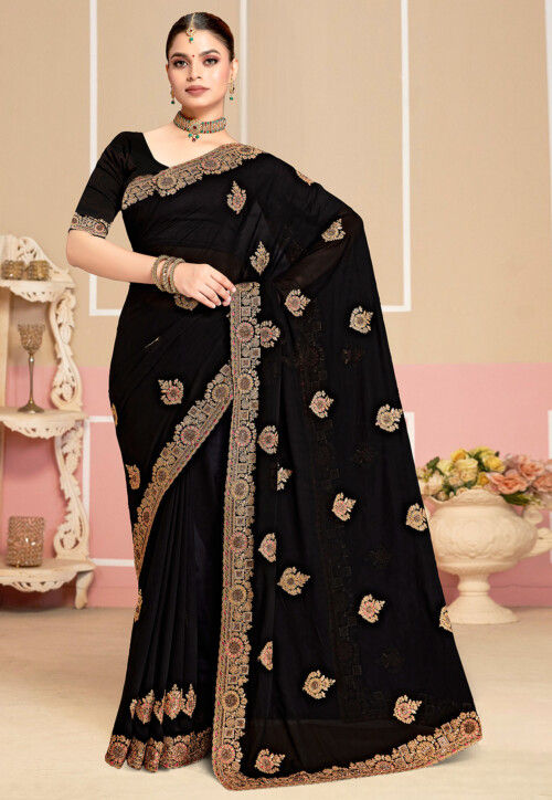 Embroidered Georgette Saree in Black