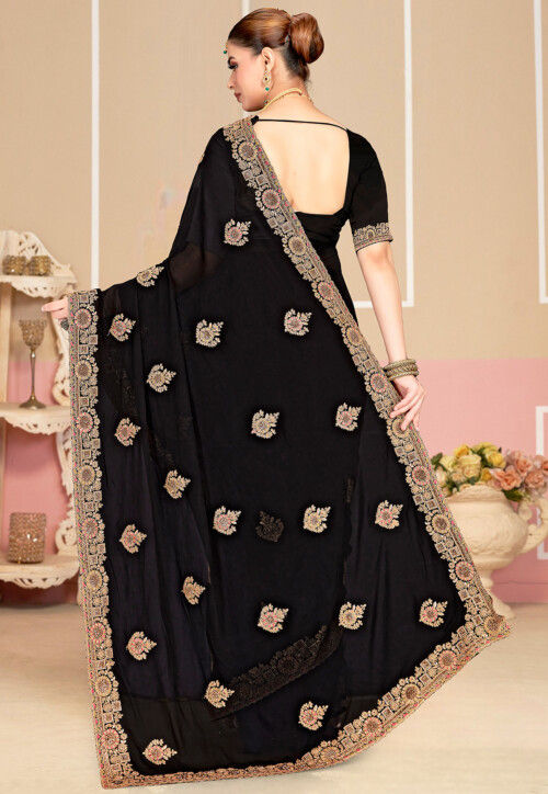 Embroidered Georgette Saree in Black