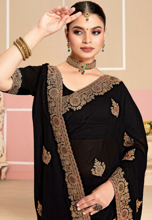 Embroidered Georgette Saree in Black