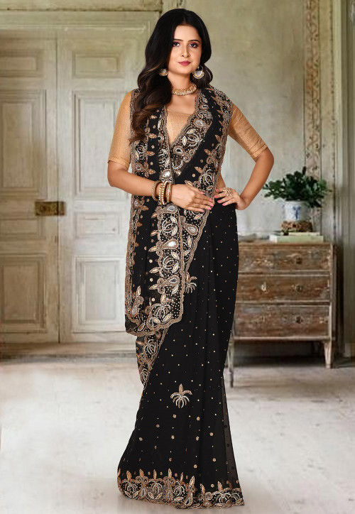 Embroidered Georgette Saree in Black