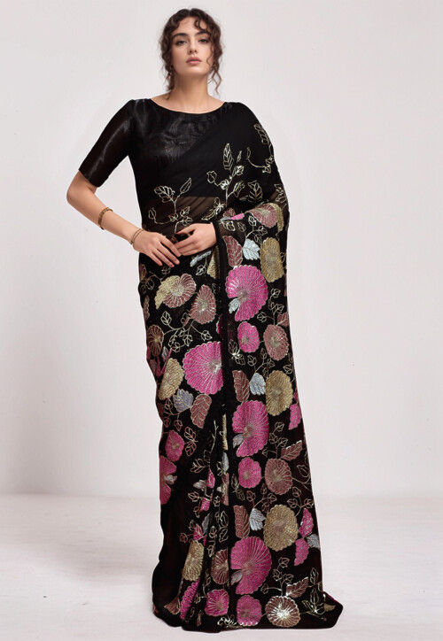 Embroidered Georgette Saree in Black
