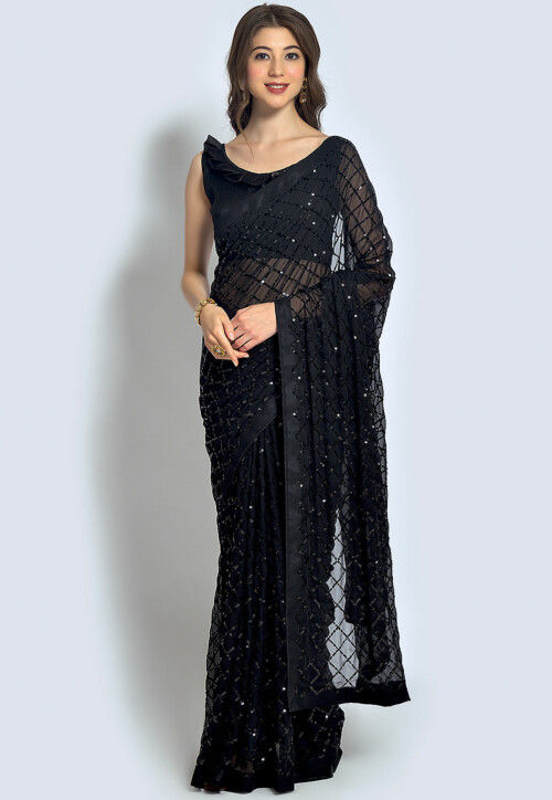Embroidered Georgette Saree in Black