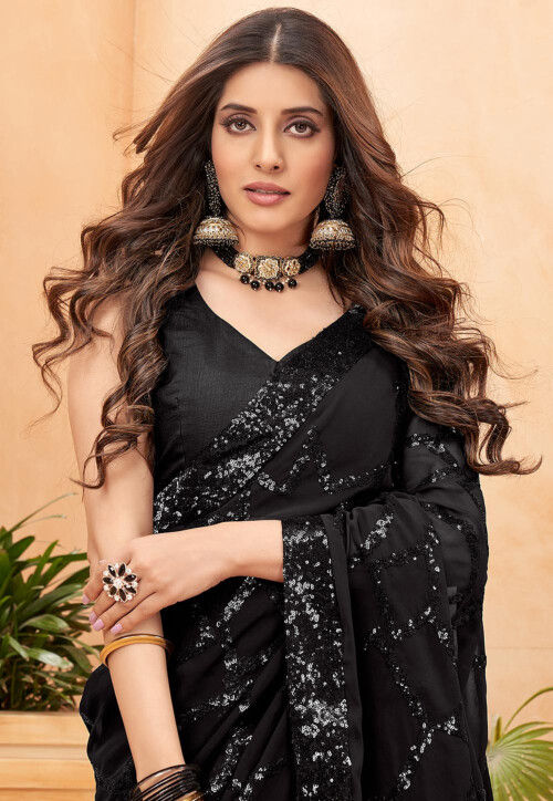 Embroidered Georgette Saree in Black