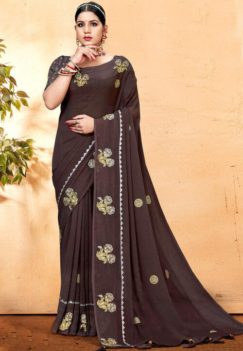 Embroidered Georgette Saree in Brown