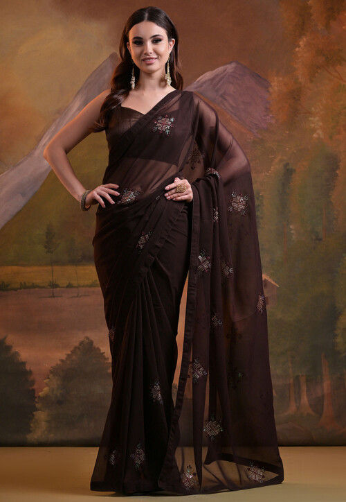 Embroidered Georgette Saree in Brown