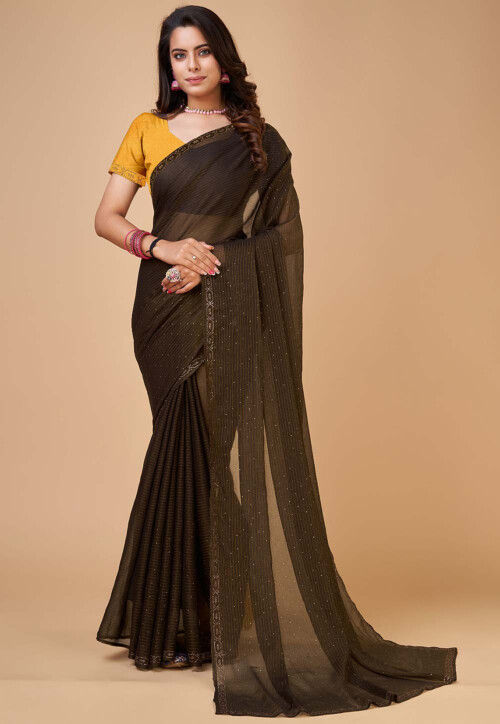 Embroidered Georgette Saree in Brown