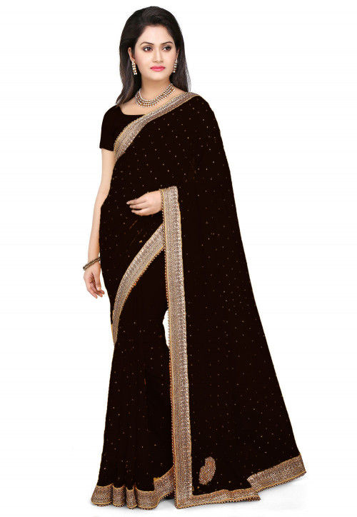 Embroidered Georgette Saree in Dark Brown