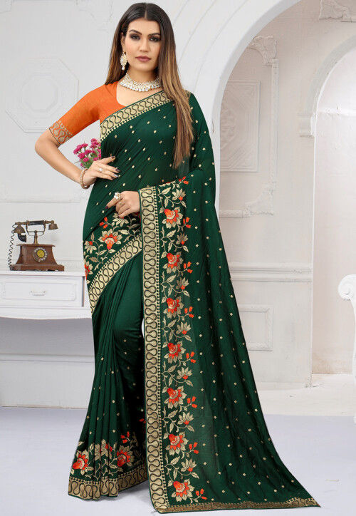 Ethnic Yard Women's Georgette Green Saree With Blouse Piece : :  Fashion