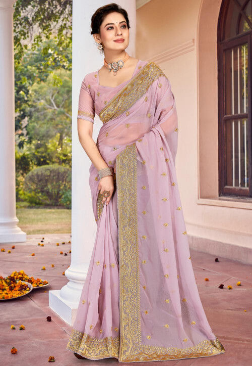 Buy Baby Pink Banarasi Khaddi Weaved Georgette Saree with Unstitched Blouse  online